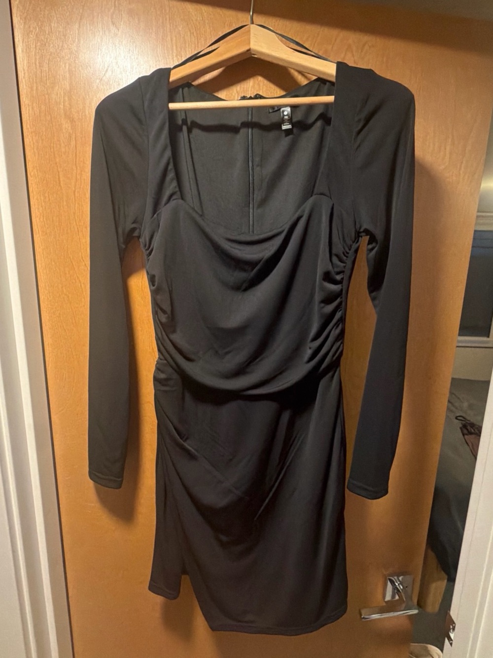 Aqua Black Long-Sleeve Draped Ruched Dress